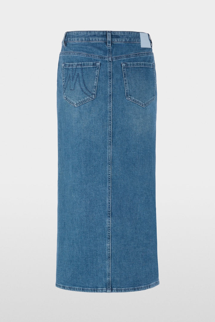 Jupe midi en jean à rayures latérales avec coupe droite et poches arrière, idéale pour un look décontracté ou soigné.