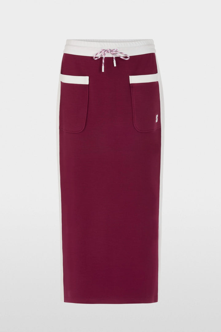 Jupe midi sportive avec taille élastiquée, cordon de serrage, bandes contrastées et logo Marc Cain Sports, poche avant visible.