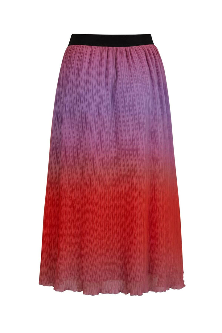 Jupe plissée dégradé avec nuances de rouge et violet, bande élastique noire, longueur jusqu&