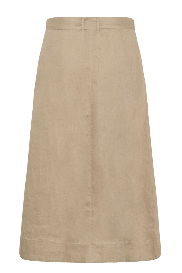 Jupe porte-feuille Arbella, élégante jupe midi beige, coupe fluide avec design portefeuille pour un style confortable et chic.