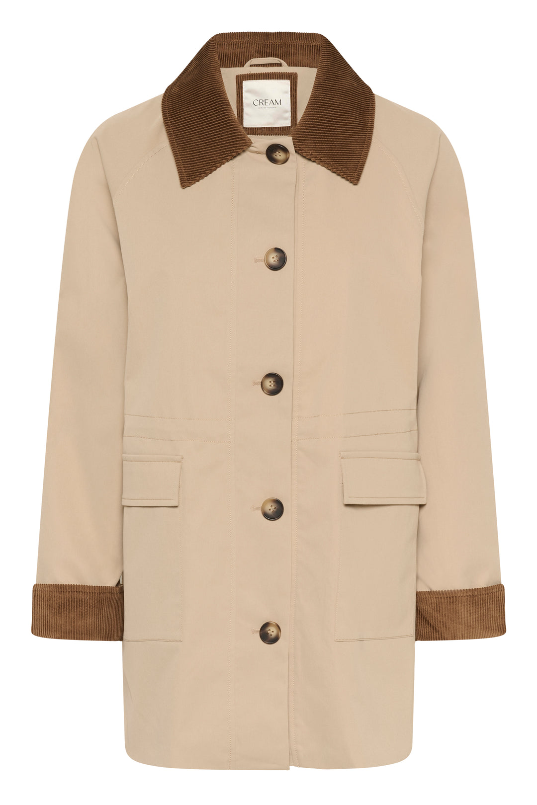 Manteau Jaxy avec col et revers en velours côtelé, coupe droite ample et poches appliquées, idéal pour la mi-saison.