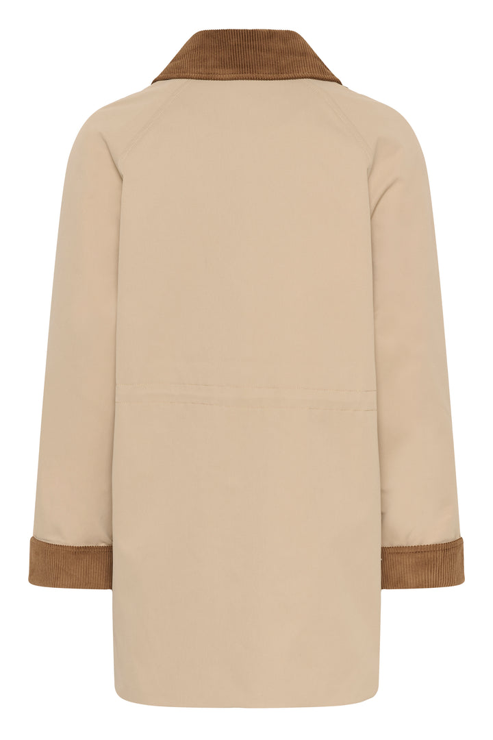 Vue arrière du Manteau Jaxy avec col et revers en velours côtelé contrastant, coupe droite et poches appliquées, idéal pour mi-saison.