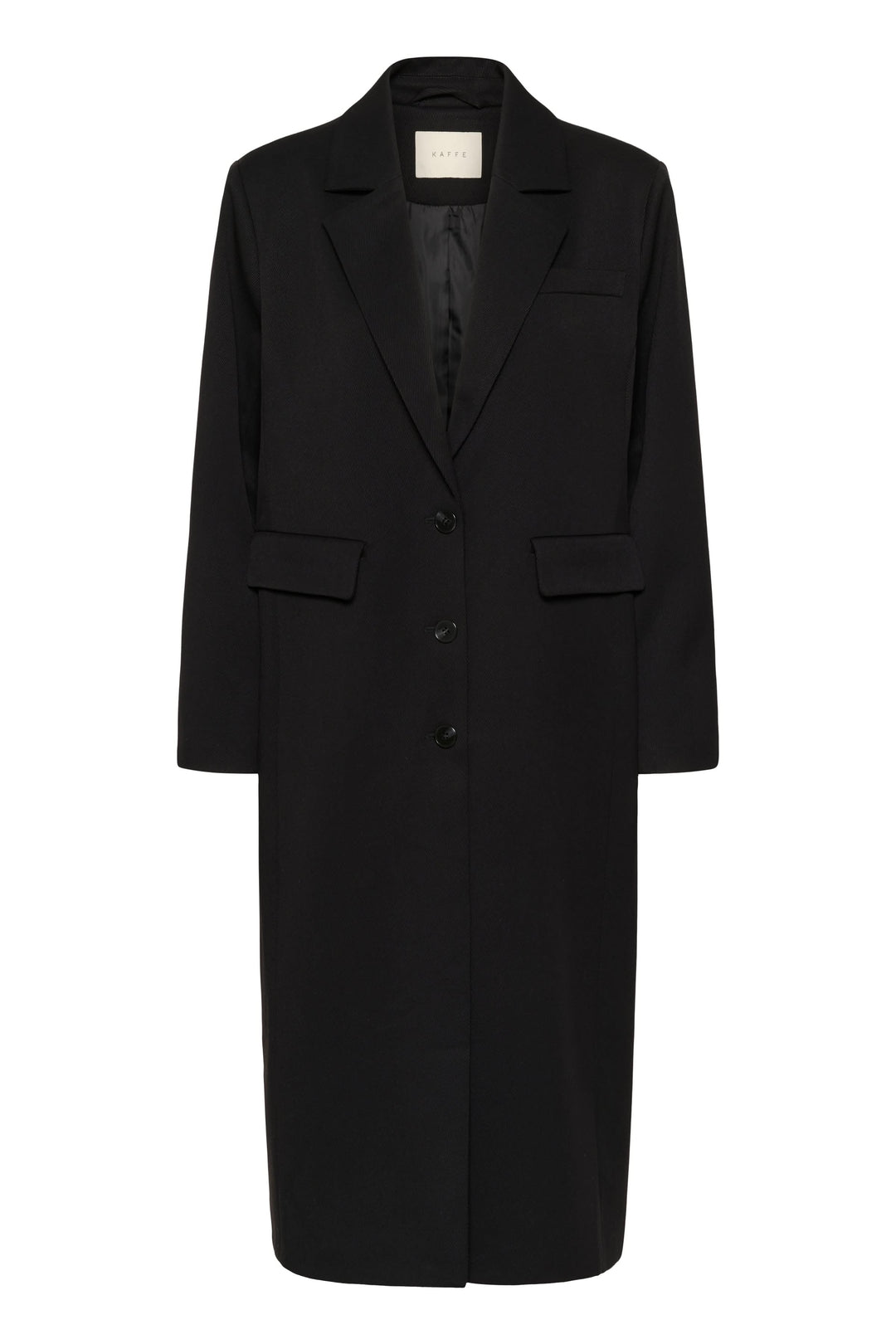 Manteau Milos élégant et structuré, long noir avec coupe droite, col tailleur et fermeture boutonnée, style intemporel et raffiné.