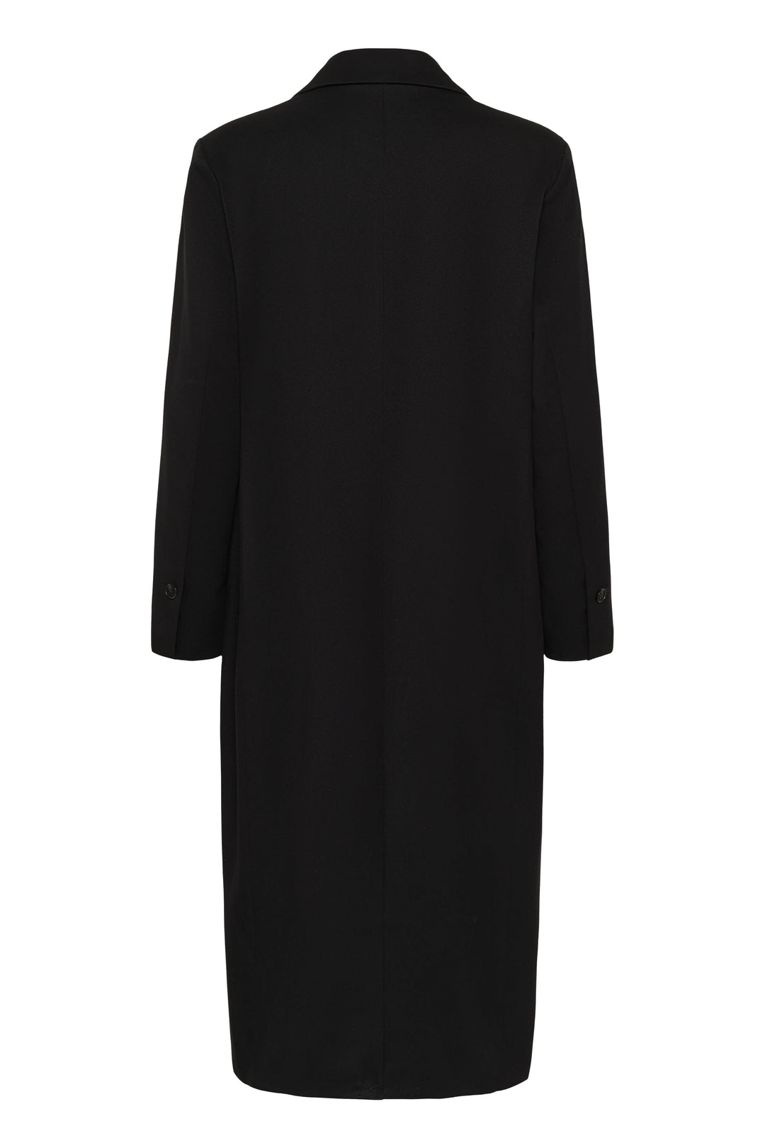 Vue arrière du Manteau Milos noir long avec une coupe droite, col tailleur et fermeture boutonnée élégante et intemporelle.