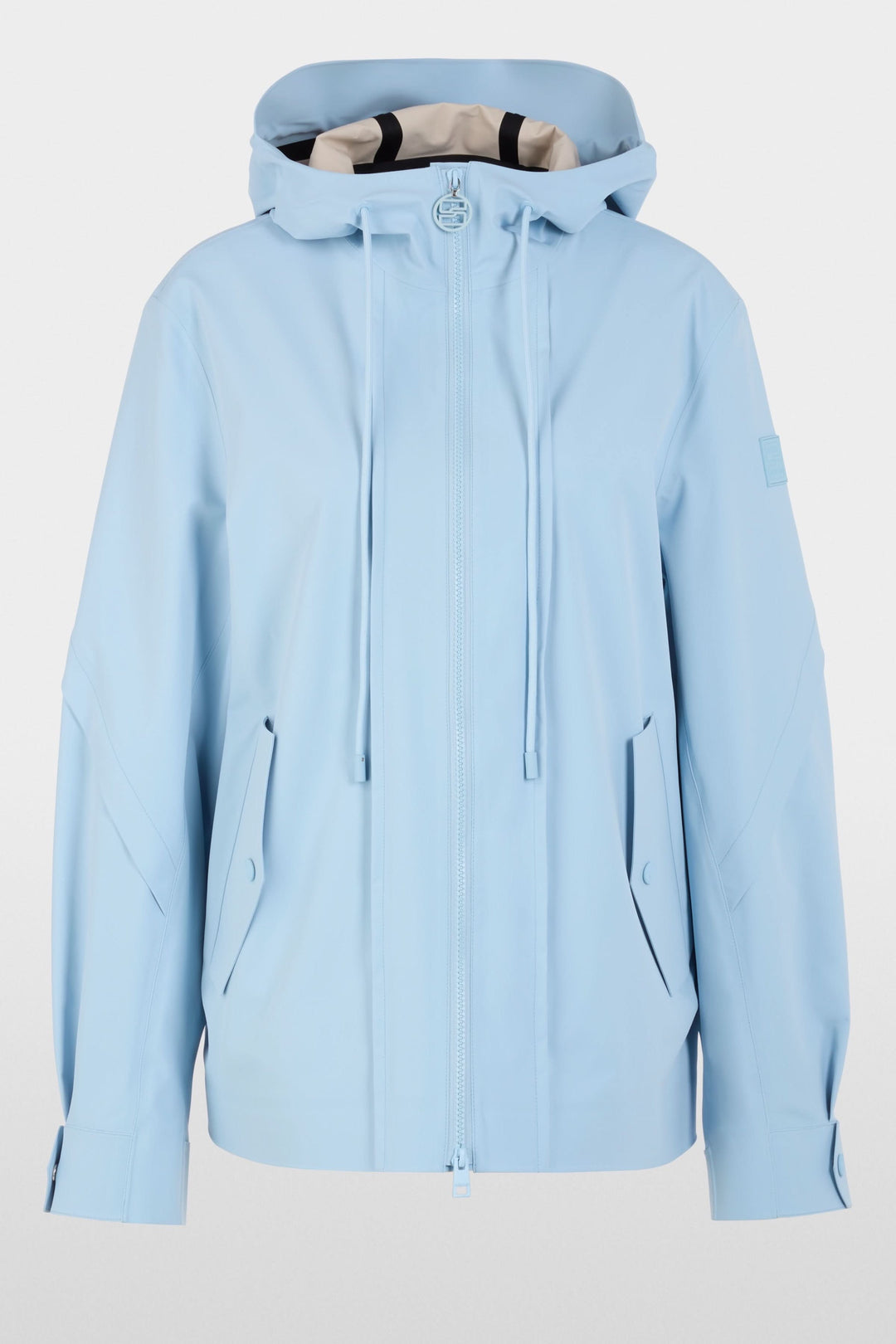 Manteau d'extérieur léger avec capuche bleu, coupe droite, fermeture à glissière, idéal mi-saison, élégant et fonctionnel.