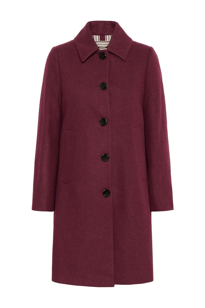 Manteau en laine bordeaux avec coupe droite, col chemise et fermeture boutonnée pour une allure chic et élégante en hiver.