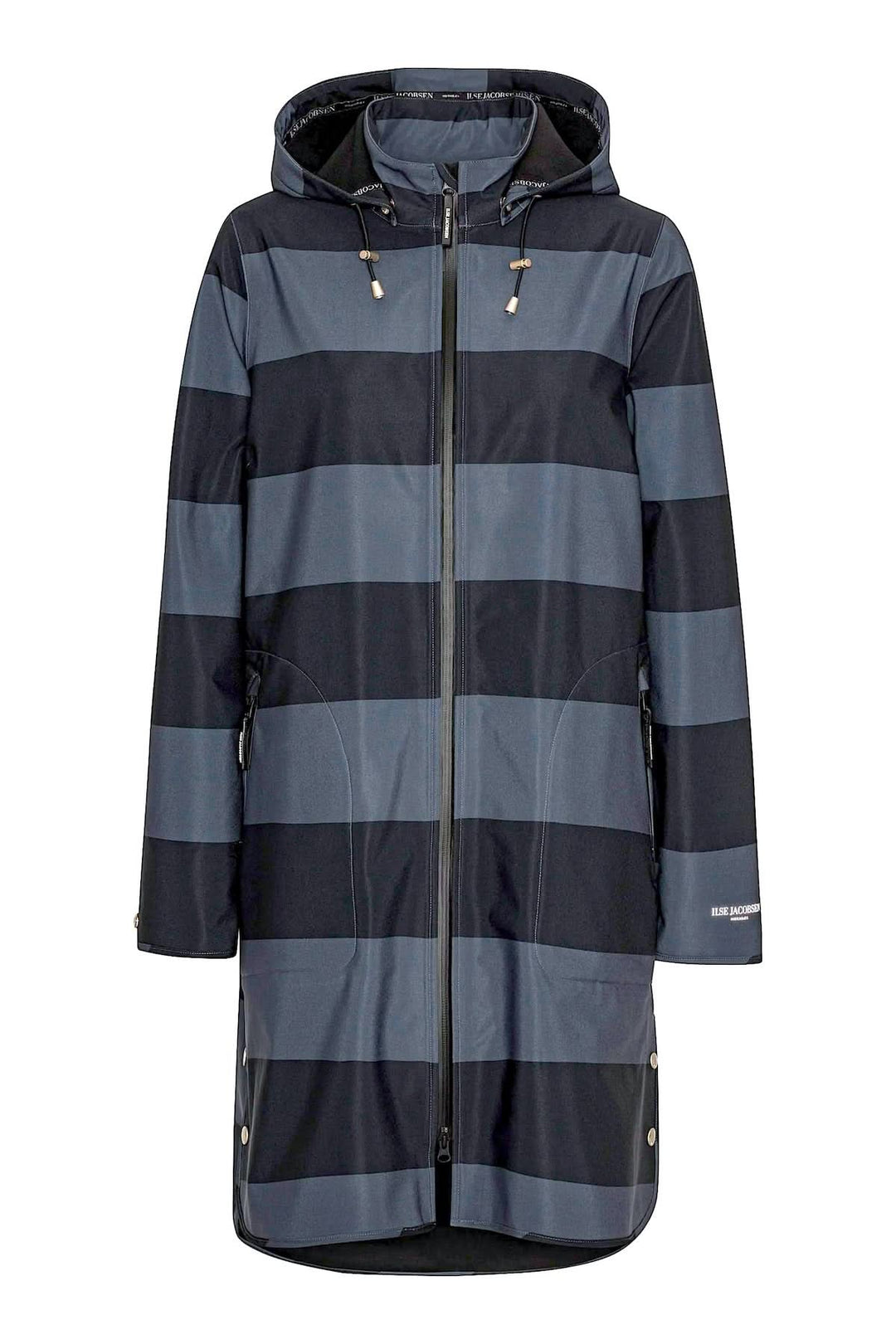 Manteau imperméable rayé à capuche avec larges rayures, idéal pour la pluie, coupe droite moderne. Capuche ajustable et fermeture éclair intégrale.