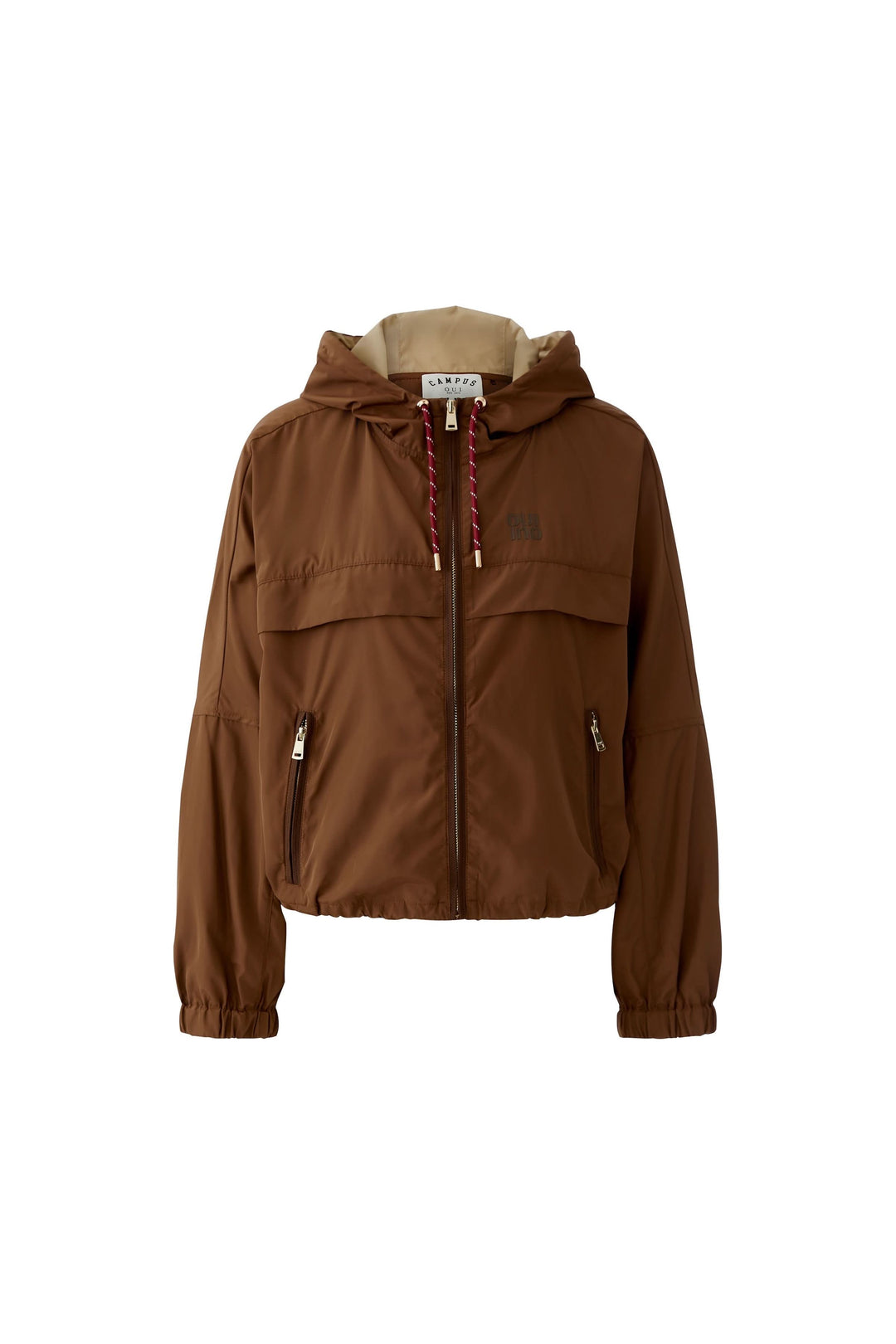 Manteau léger à capuchon marron avec fermeture éclair, capuchon ajustable et design moderne, idéal pour la mi-saison.