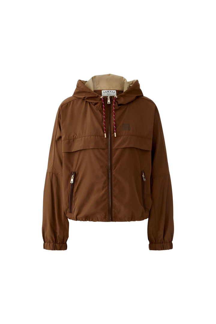 Manteau léger à capuchon marron avec fermeture éclair, capuchon ajustable et design moderne, idéal pour la mi-saison.
