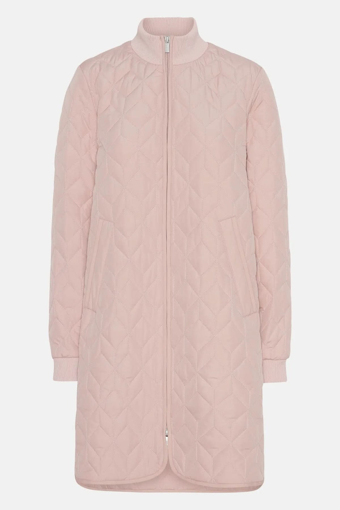 Manteau matelassé long à col montant rose pâle avec fermeture zippée et motifs géométriques, idéal pour un look chic et moderne.