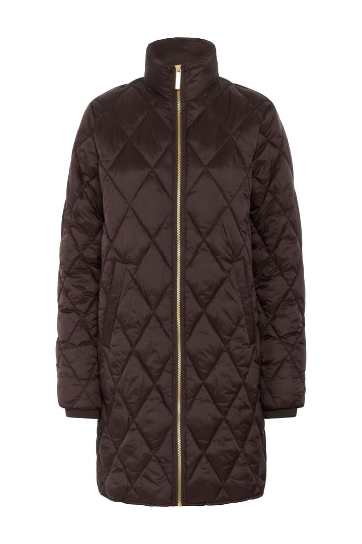 Manteau matelassé à losanges avec fermeture zippée dorée, coupe longue et droite, idéal pour la mi-saison.