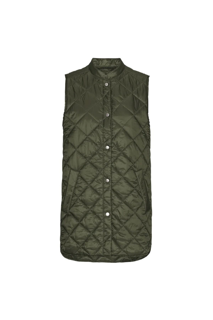 Gilet matelassé Pearl d'Ilse Jacobsen en vert olive, léger et rembourré, sans capuche.