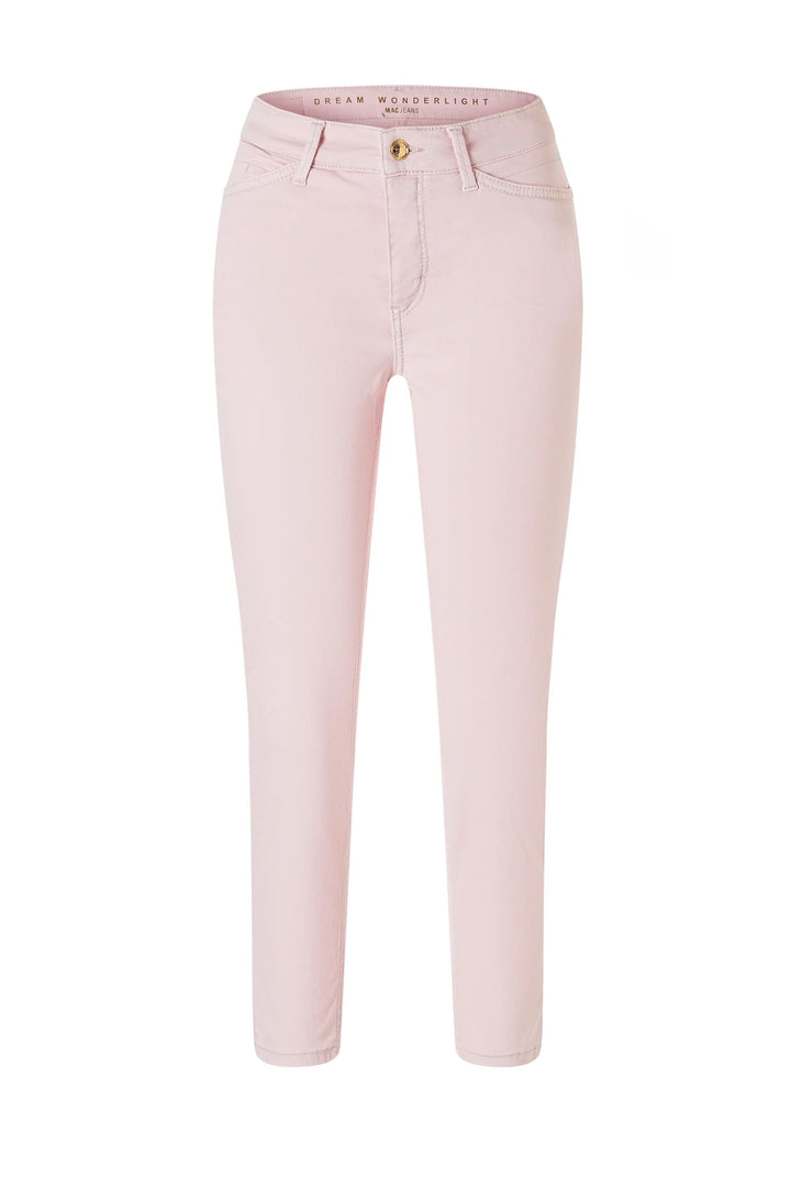 Pantalon Dream Summer en rose clair, coupe ajustée, longueur cheville, matière extensible pour confort et style polyvalent.