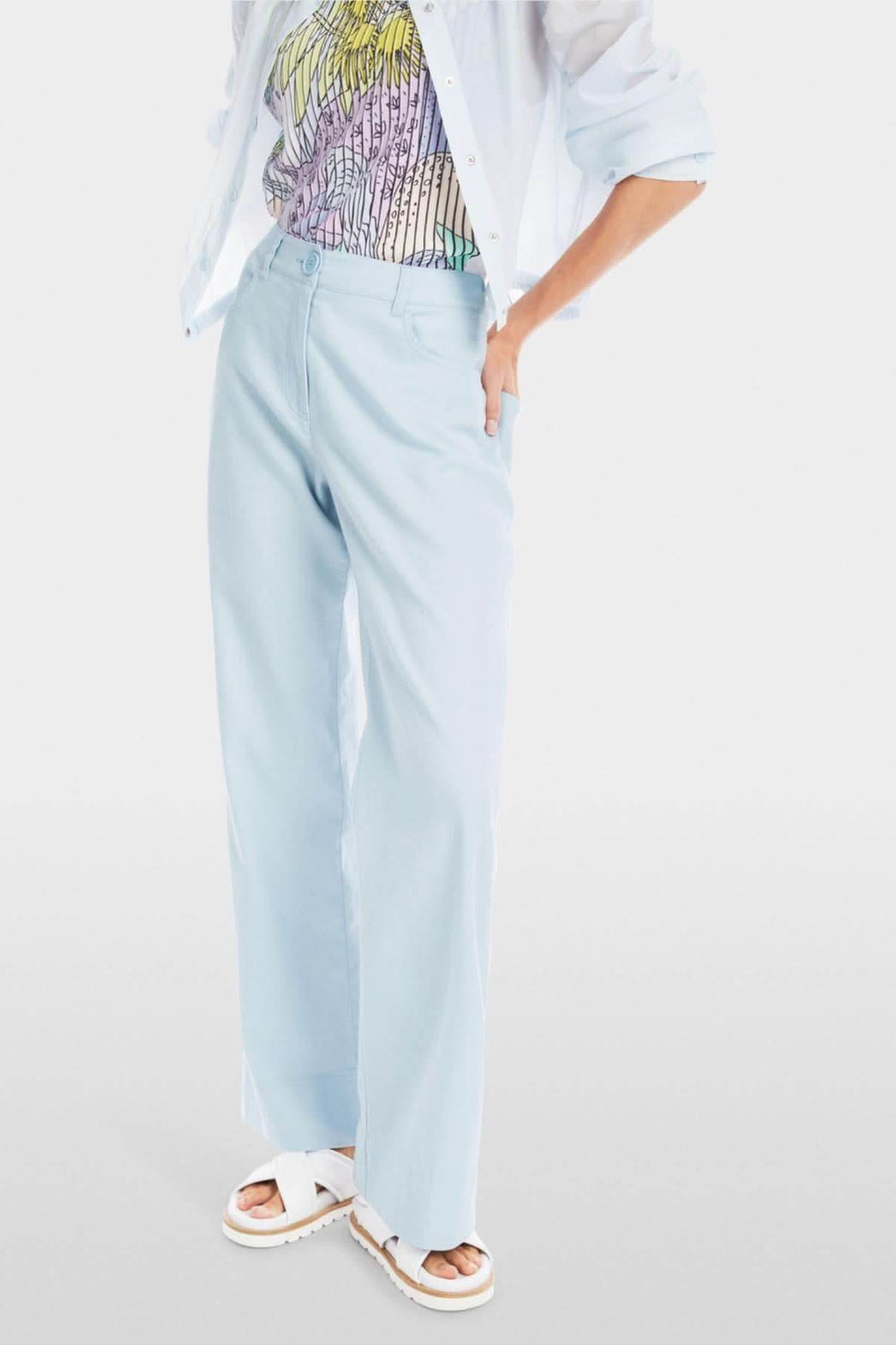 Pantalon FAID en coton et lin, coupe féminine, taille haute, couleur bleu clair, idéal pour l'été.