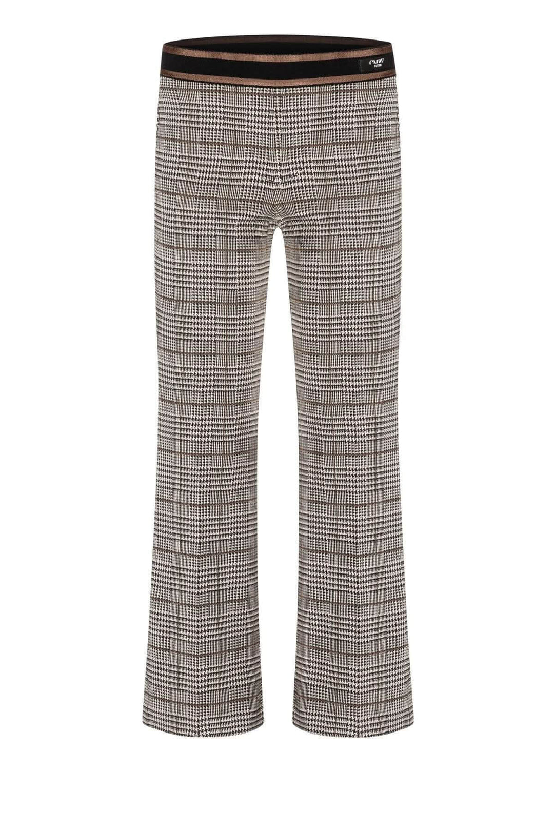 Pantalon Francoise cropped à motif prince-de-galles, coupe évasée et taille élastique contrastée.