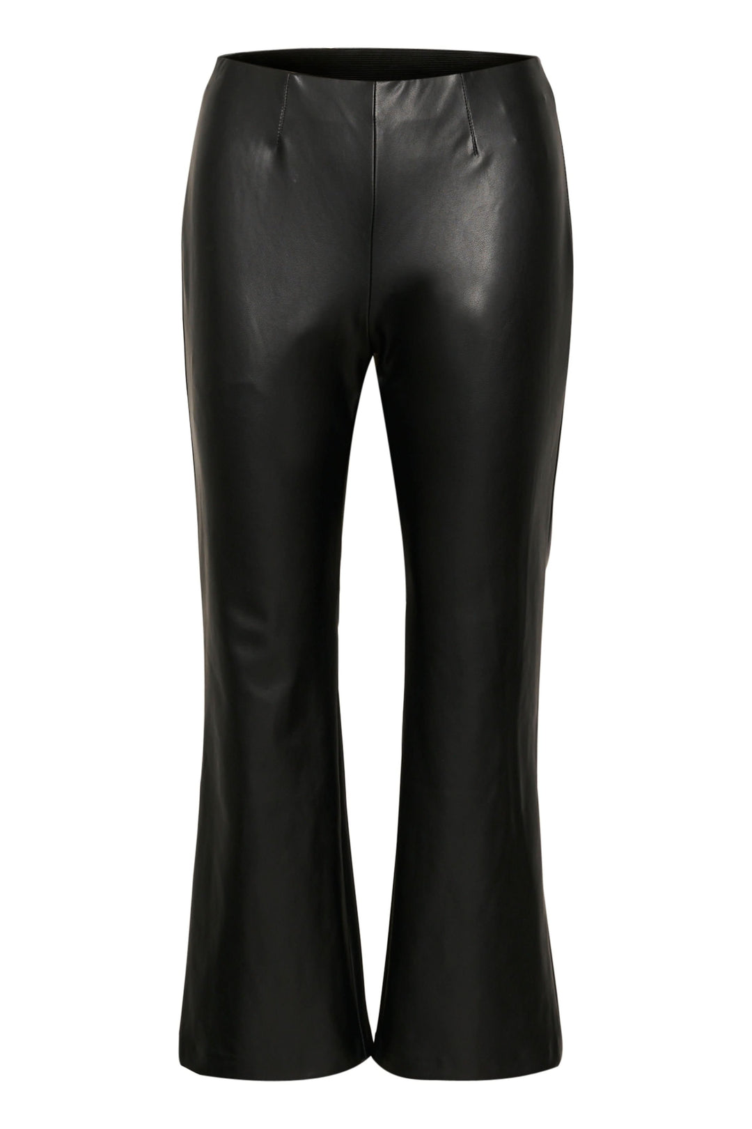 Pantalon Lorenza noir en simili cuir, coupe évasée et taille haute, parfait pour un look moderne.