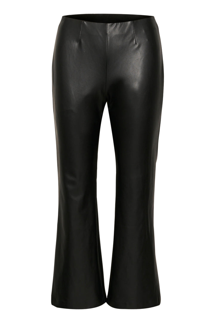 Pantalon Lorenza noir en simili cuir, coupe évasée et taille haute, parfait pour un look moderne.
