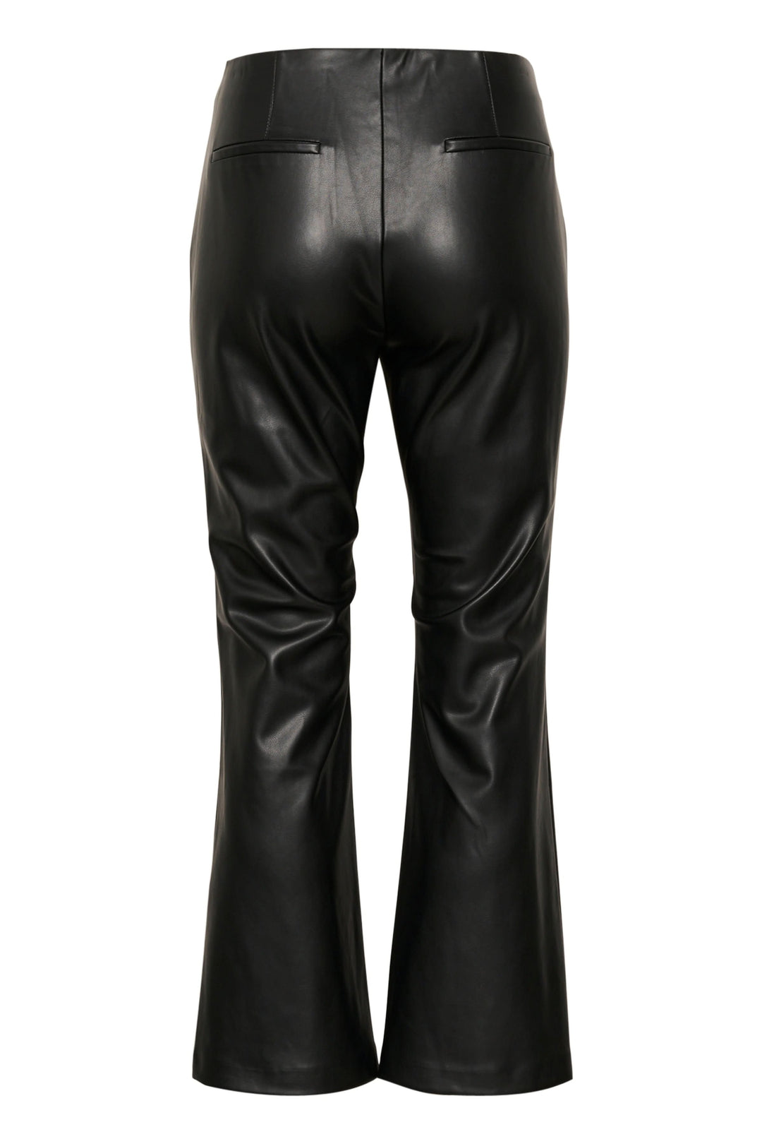 Pantalon Lorenza noir en simili cuir, coupe évasée et taille haute, vue arrière, look moderne et stylé.