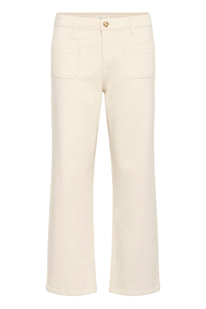 Pantalon Natalia coupe droite épurée en tissu blanc, confort optimal pour looks polyvalents, décontractés ou soignés.