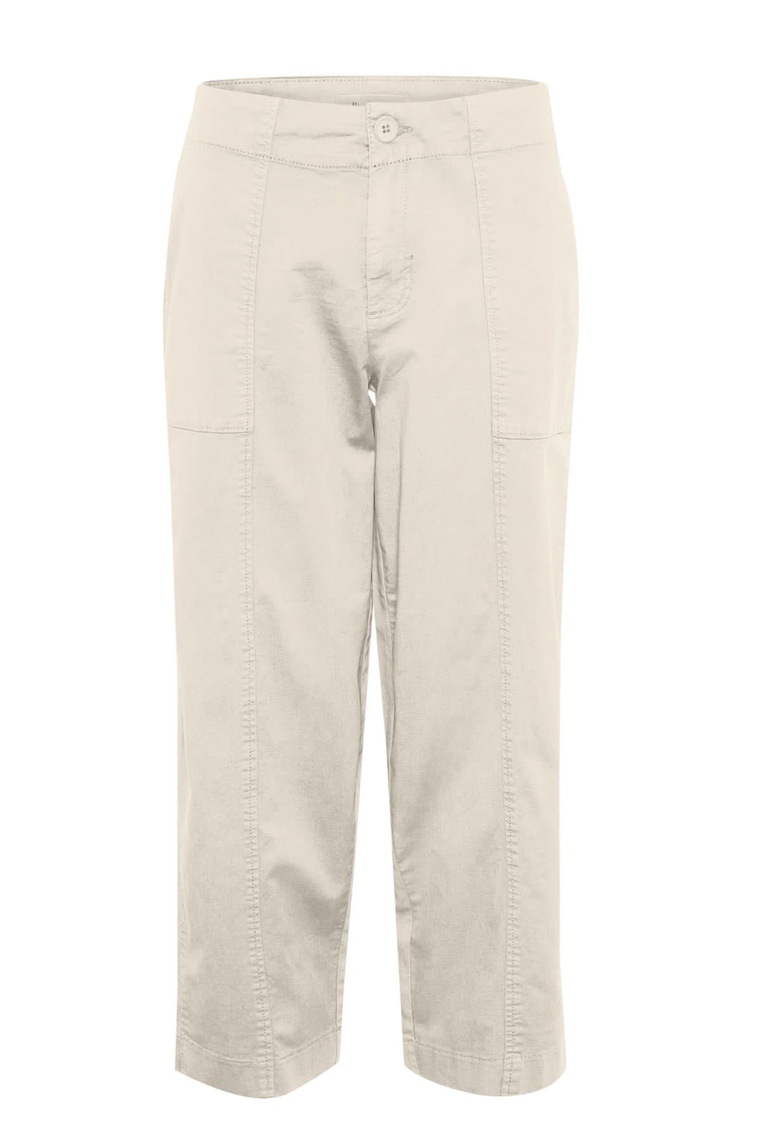 Pantalon Netta beige à coupe décontractée, tissu en coton extensible, grandes poches plaquées et surpiqûres apparentes.