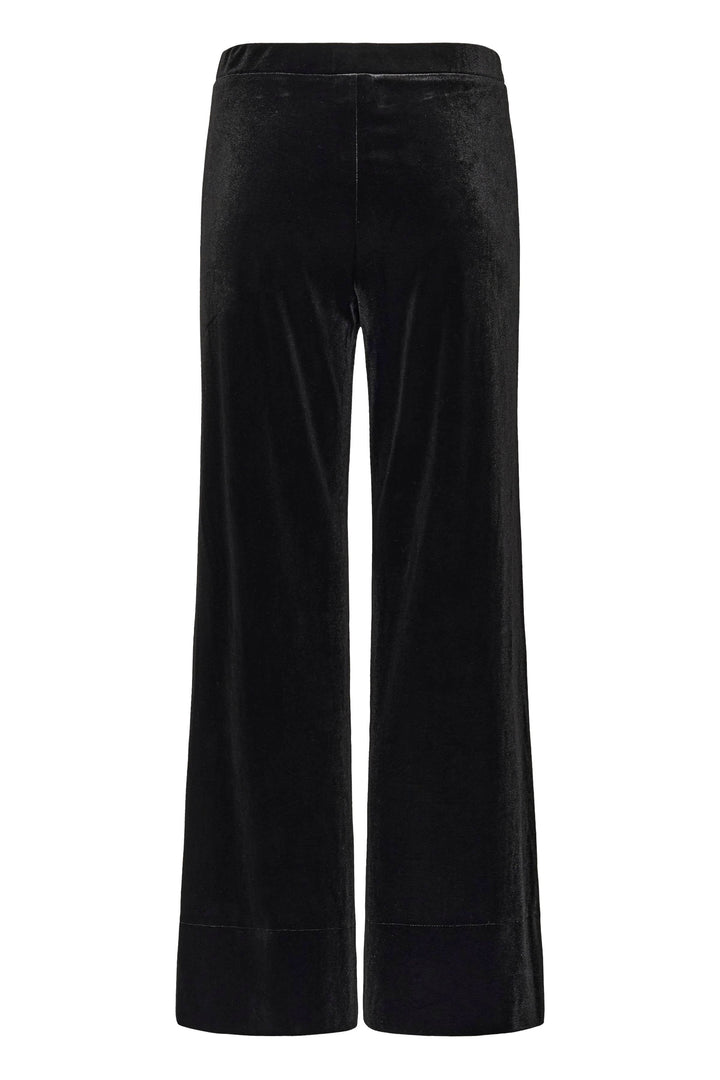 Pantalon Varla en velours à jambe large avec coupe ample, doux noir et taille élastique pour élégance et confort. Décris moi le produit.