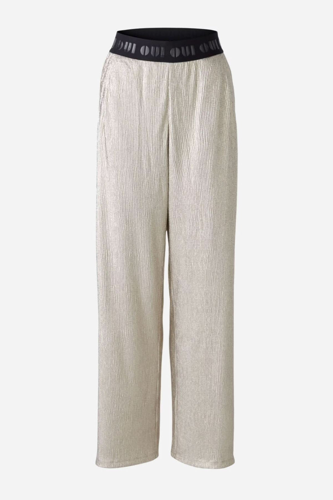 Pantalon fluide et extensible avec finition métallisée et ceinture élastiquée, parfait pour diverses occasions.