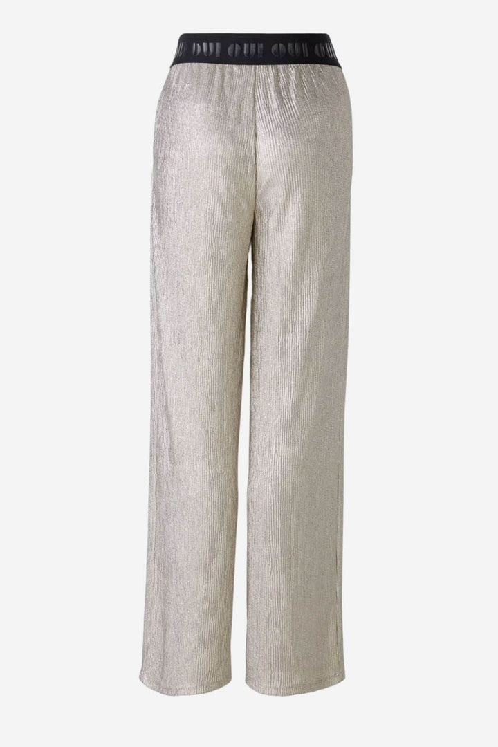 Pantalon brillant fluide métallisé avec ceinture élastiquée, parfait pour soirées et tenues décontractées.