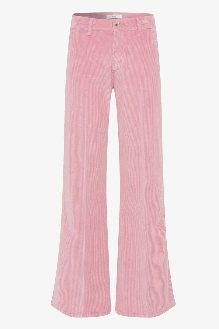 Pantalon corduroy Maine large rose avec cinq poches, coupe évasée et plis élégants pour un look sophistiqué.