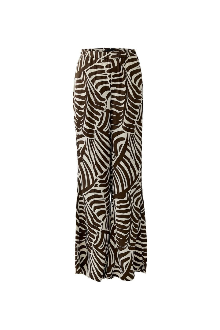 Pantalon coupe droite texturé avec motif graphique brun et blanc, offrant un style élégant et confortable pour des looks variés.