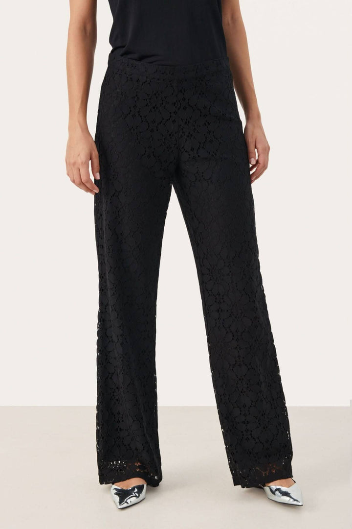 Pantalon de dentelle Devi, noir, jambe droite, taille dissimulée, élégant et habillé, pour une tenue chic.