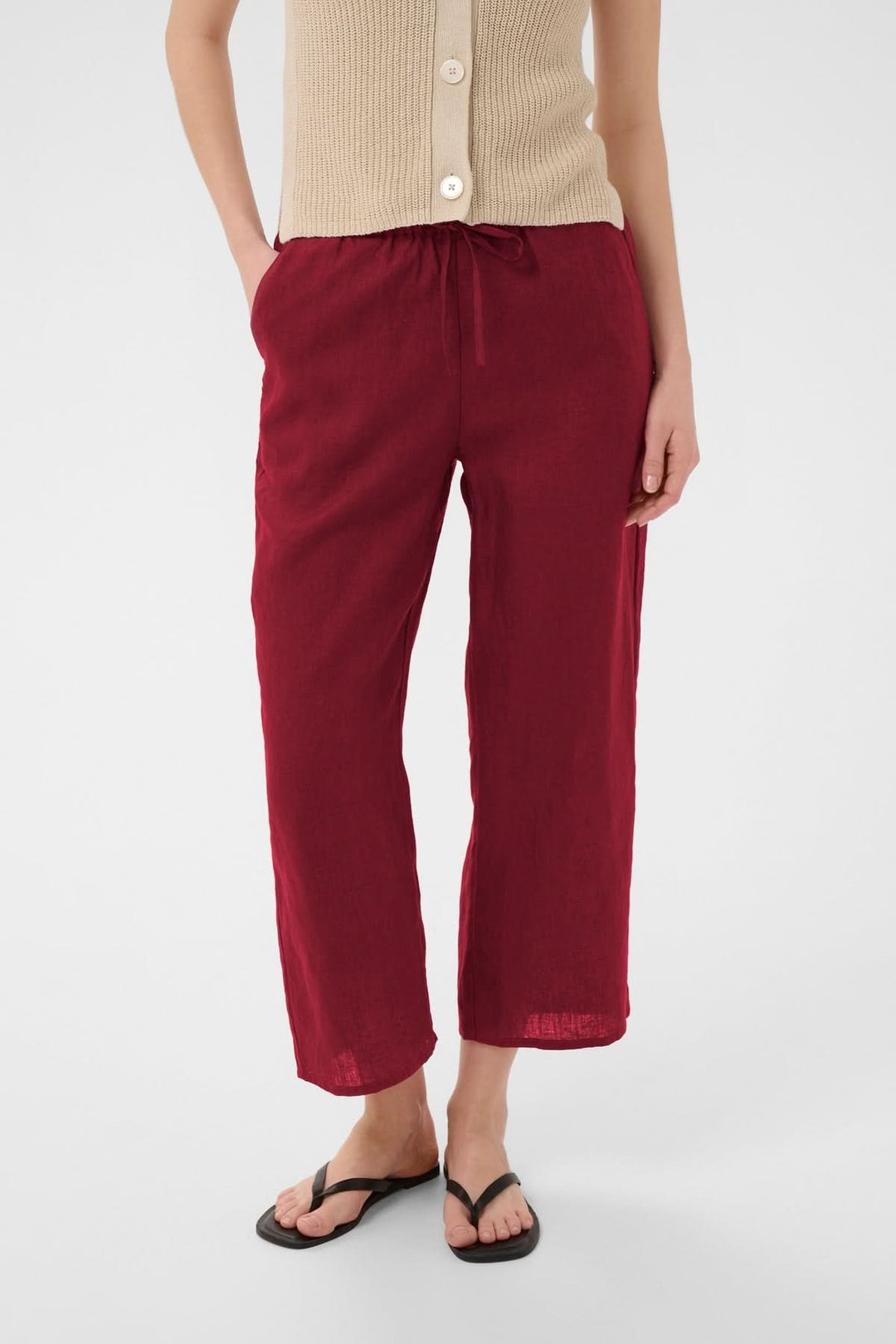 Pantalon de lin Berita rouge fluide et confortable avec taille élastique et cordon, coupe droite, idéal pour l&
