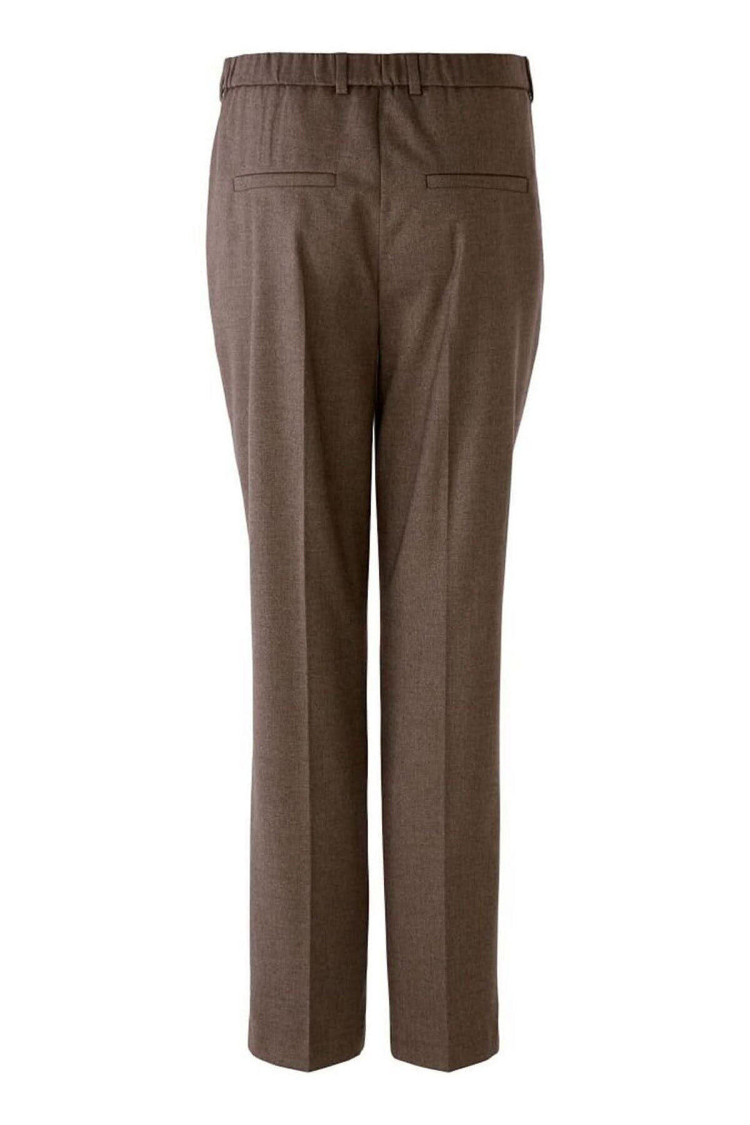 Pantalon droit marron à coupe étroite, légèrement raccourci, vue arrière avec ceinture extensible.