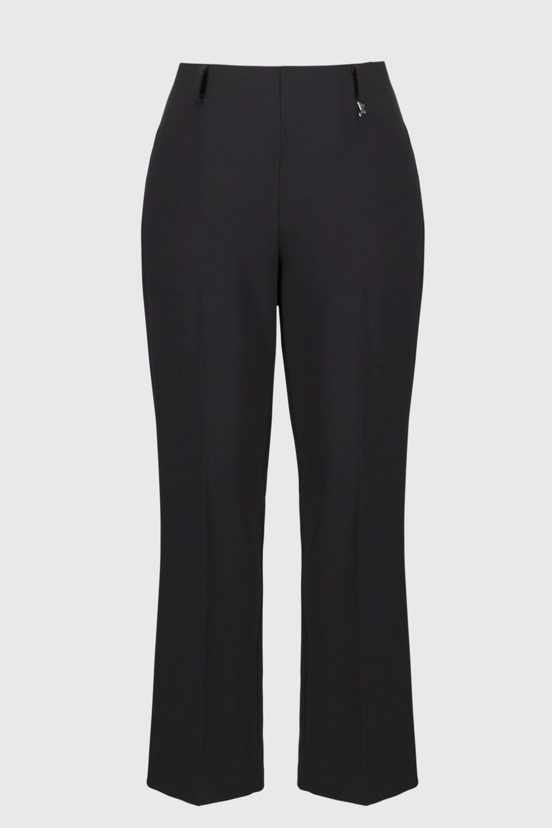 Pantalon droit extensible taille mi-haute, jambe droite et raccourcie, en noir.