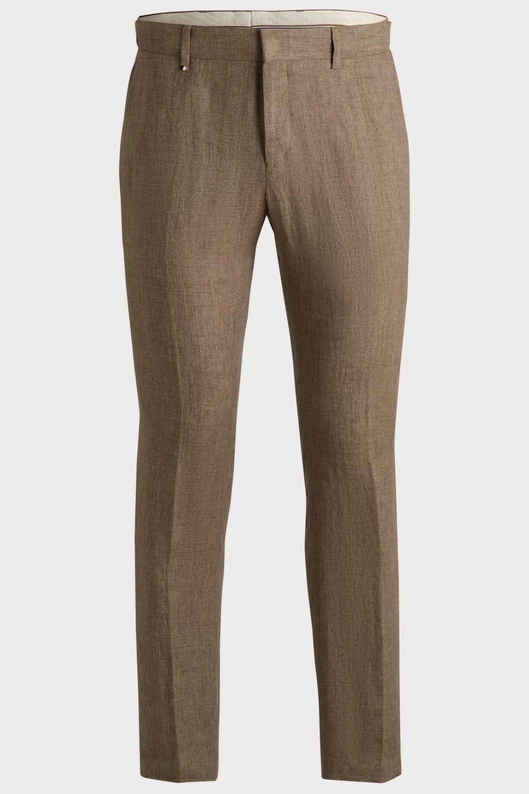 Pantalon en lin marron, ajusté, idéal pour un look élégant et décontracté en été.