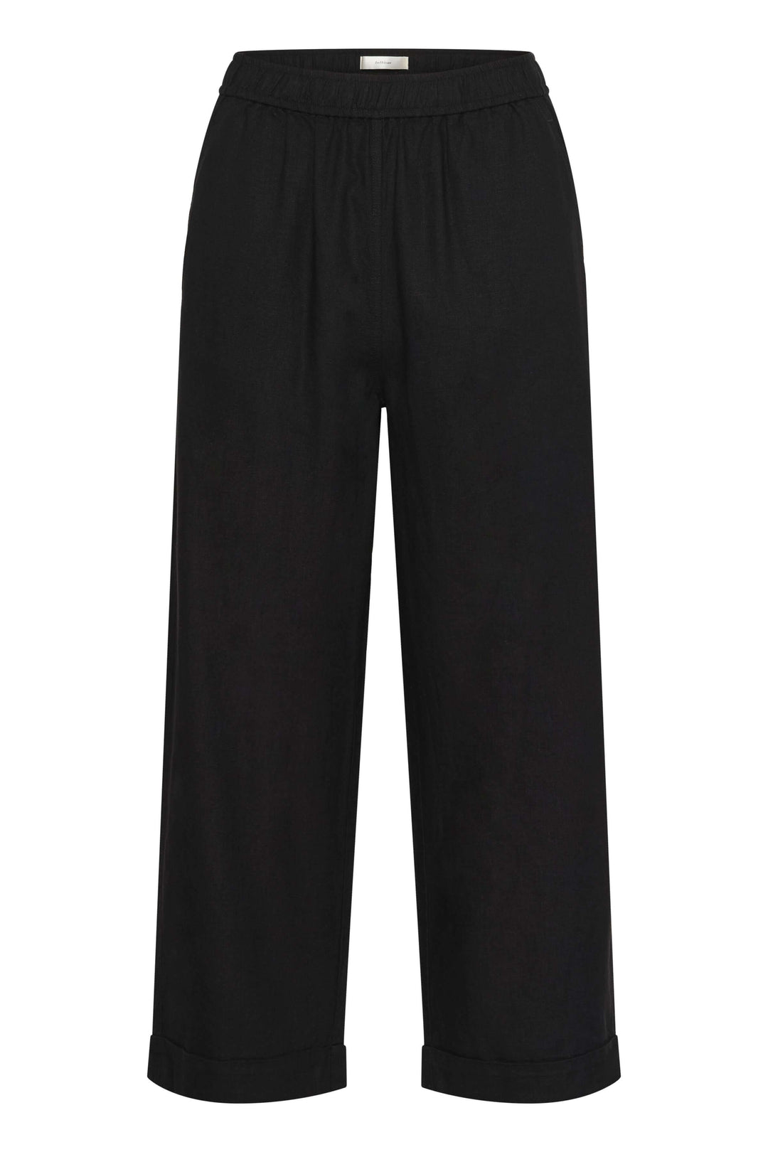 Pantalon en lin noir avec taille élastique, jambes larges et poches latérales, parfait pour confort et élégance.