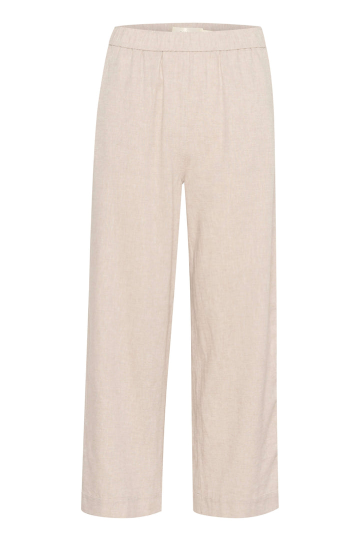 Pantalon en lin Rimona Driza, léger avec taille élastique et jambes larges, couleur beige.