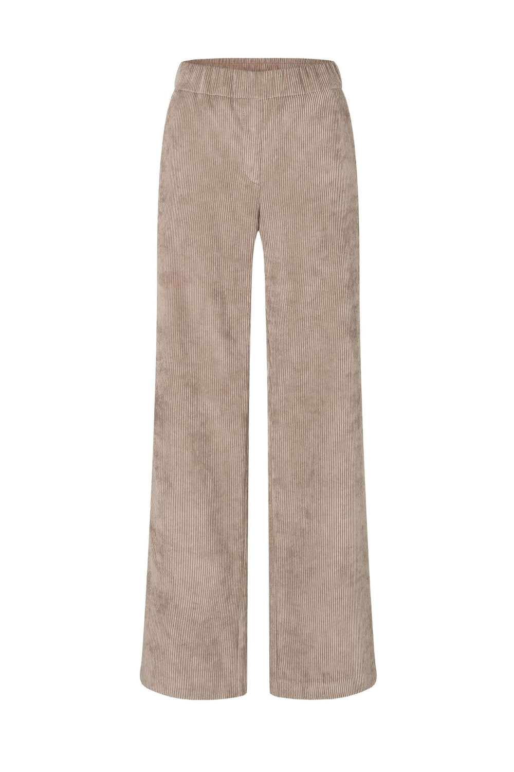 Pantalon en velours côtelé à jambe large et taille élastique, idéal pour un look rétro et sophistiqué. Poches latérales incluses.