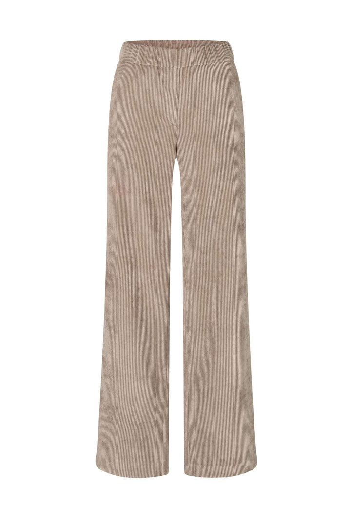 Pantalon en velours côtelé à jambe large et taille élastique, idéal pour un look rétro et sophistiqué. Poches latérales incluses.