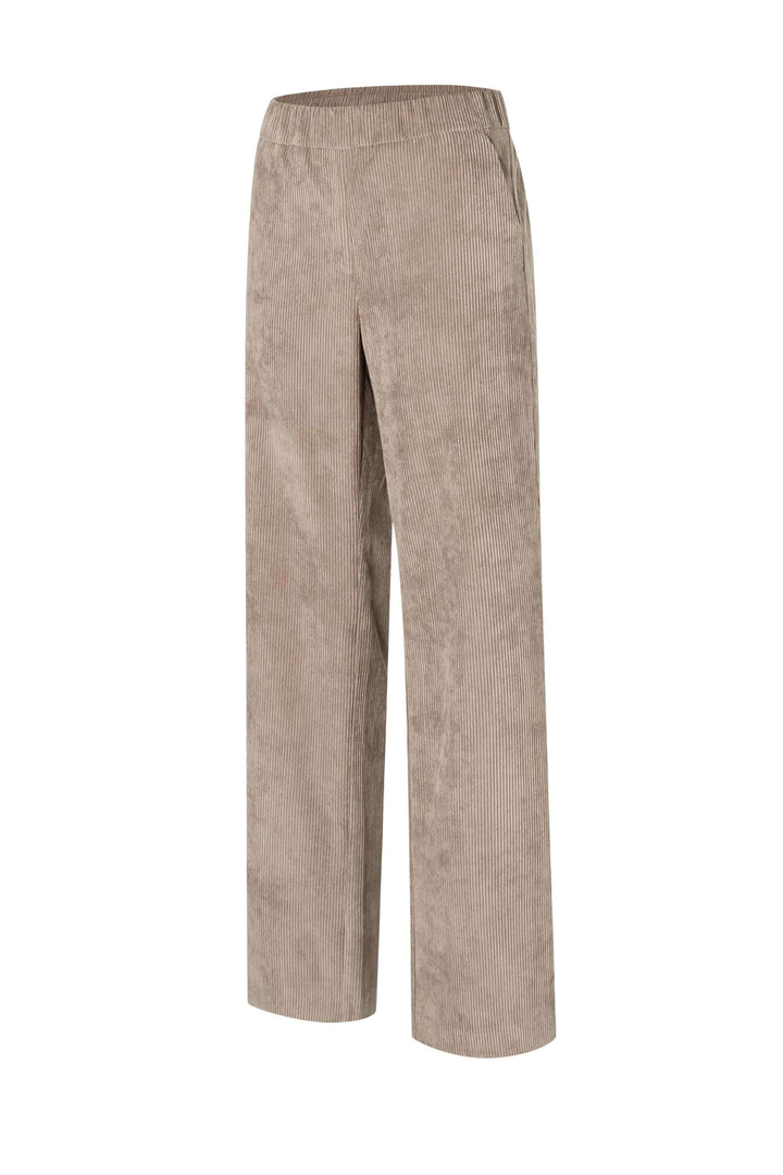 Pantalon en velours côtelé à jambe large avec taille élastique, style rétro et sophistiqué, idéal pour un look automnal chic.