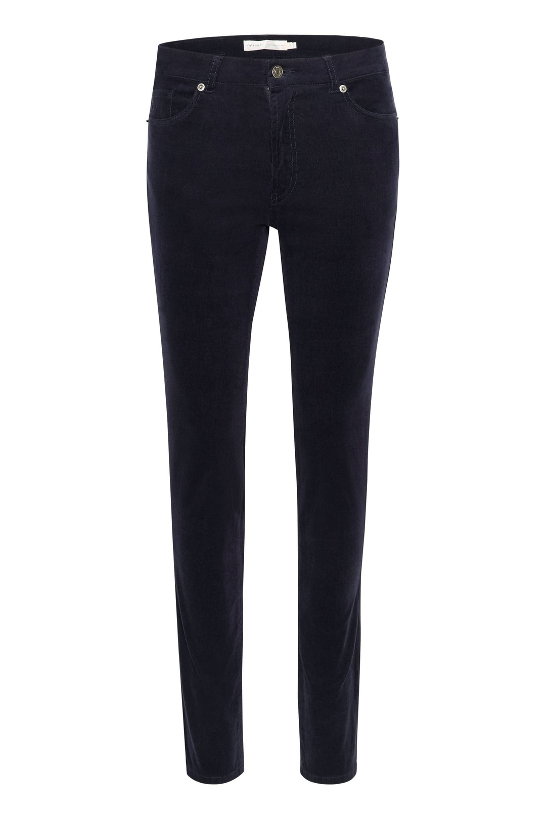 Pantalon en velours bleu marine, coupe ajustée, idéal pour une tenue chic en automne et hiver.