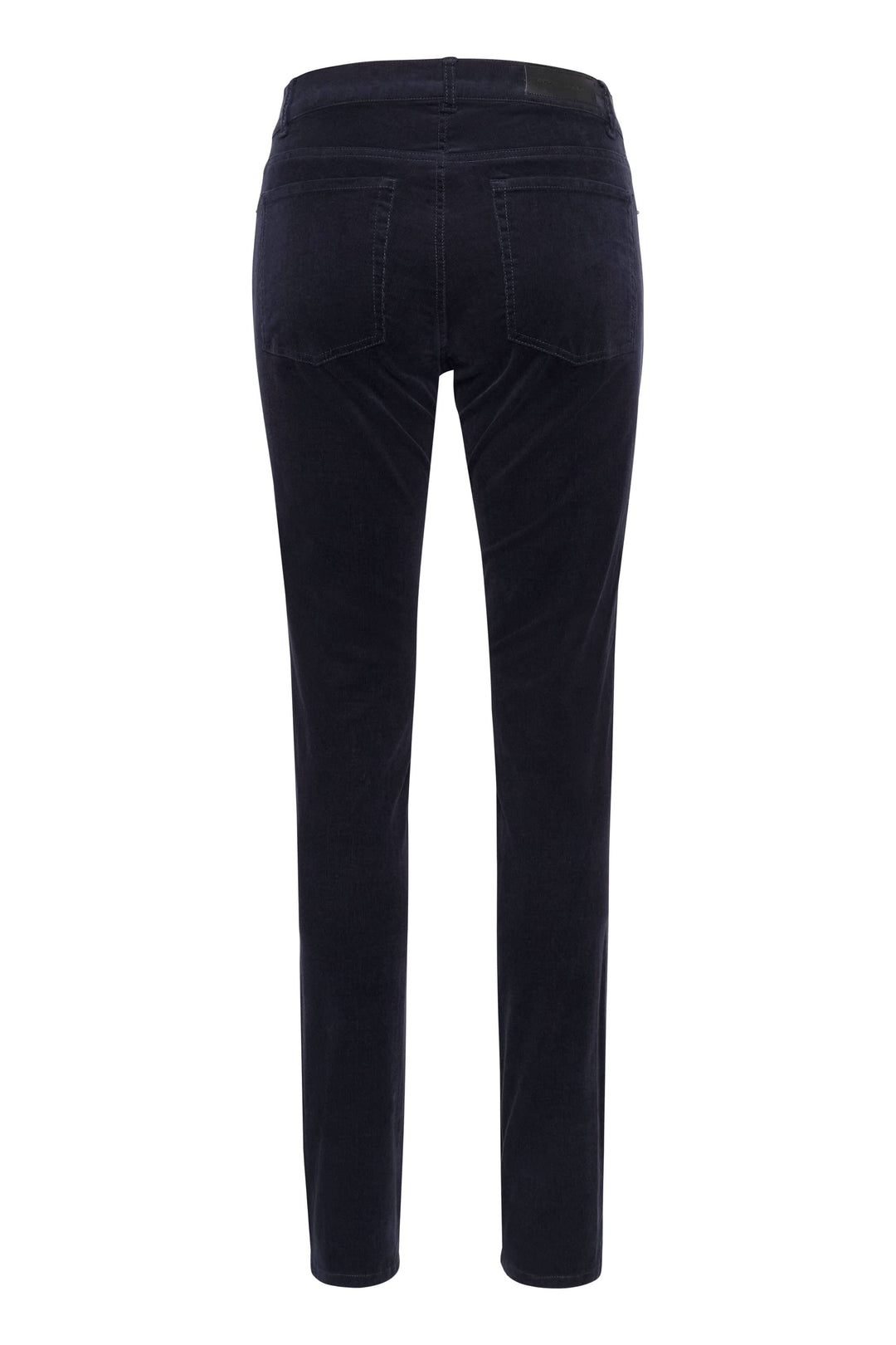 Pantalon en velours bleu marine, coupe ajustée, vue arrière, idéal pour un look chic et élégant.