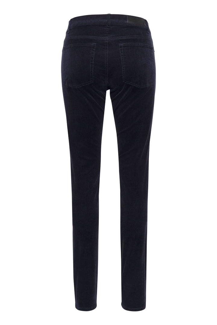 Pantalon en velours bleu marine, coupe ajustée, vue arrière, idéal pour un look chic et élégant.
