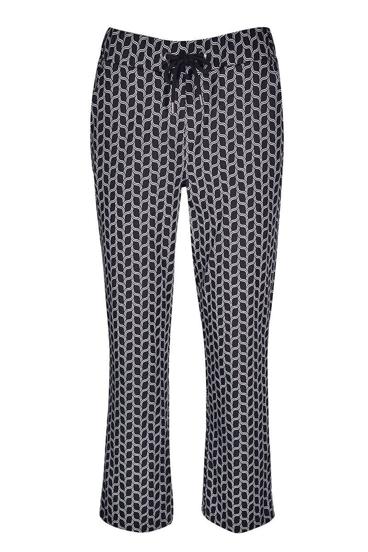Pantalon fluide imprimé avec motif graphique, coupe droite et légère, taille élastique pour confort quotidien et occasions habillées.