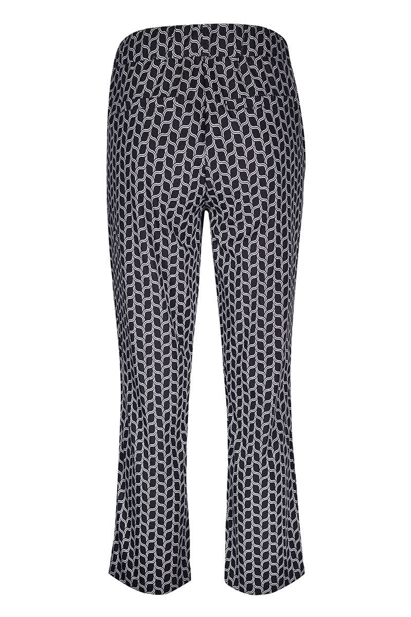 Pantalon fluide imprimé avec motif graphique, coupe droite légèrement évasée, taille élastique, vue arrière.