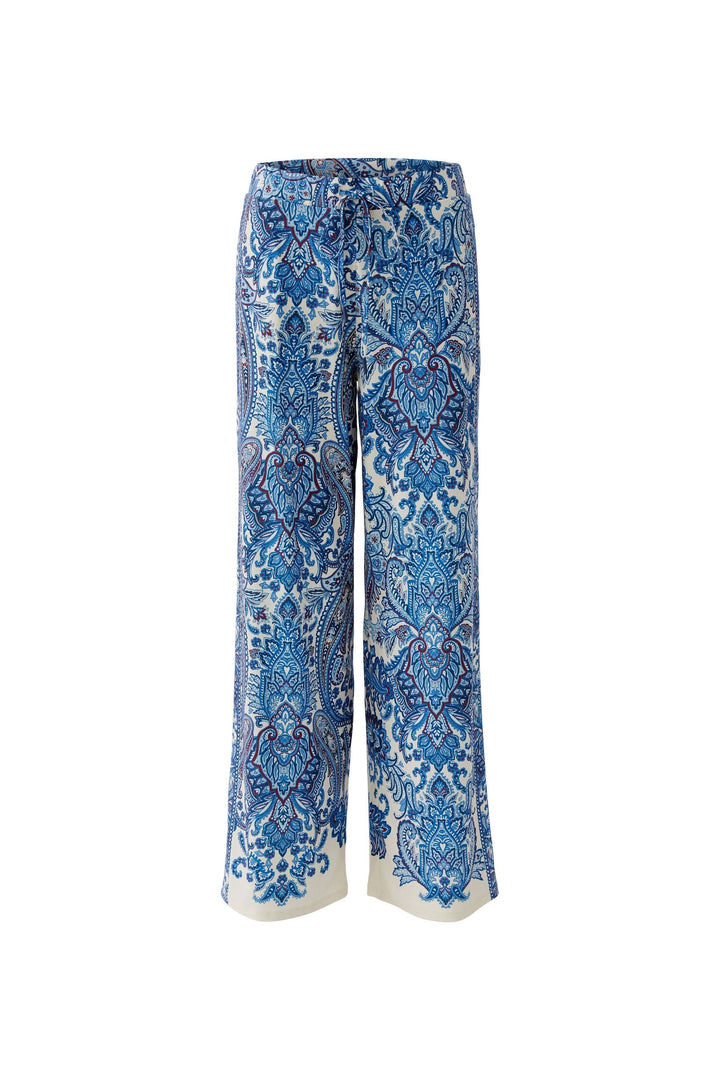 Pantalon fluide à imprimé cachemire bleu, coupe droite, design bohème élégant, idéal avec chandail ou blouse ajustée.