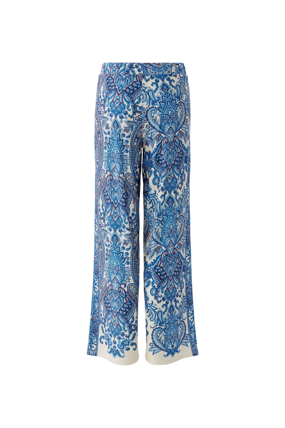 Pantalon fluide à imprimé cachemire bleu avec silhouette élancée et coupe droite évasée, inspiré du style bohème.