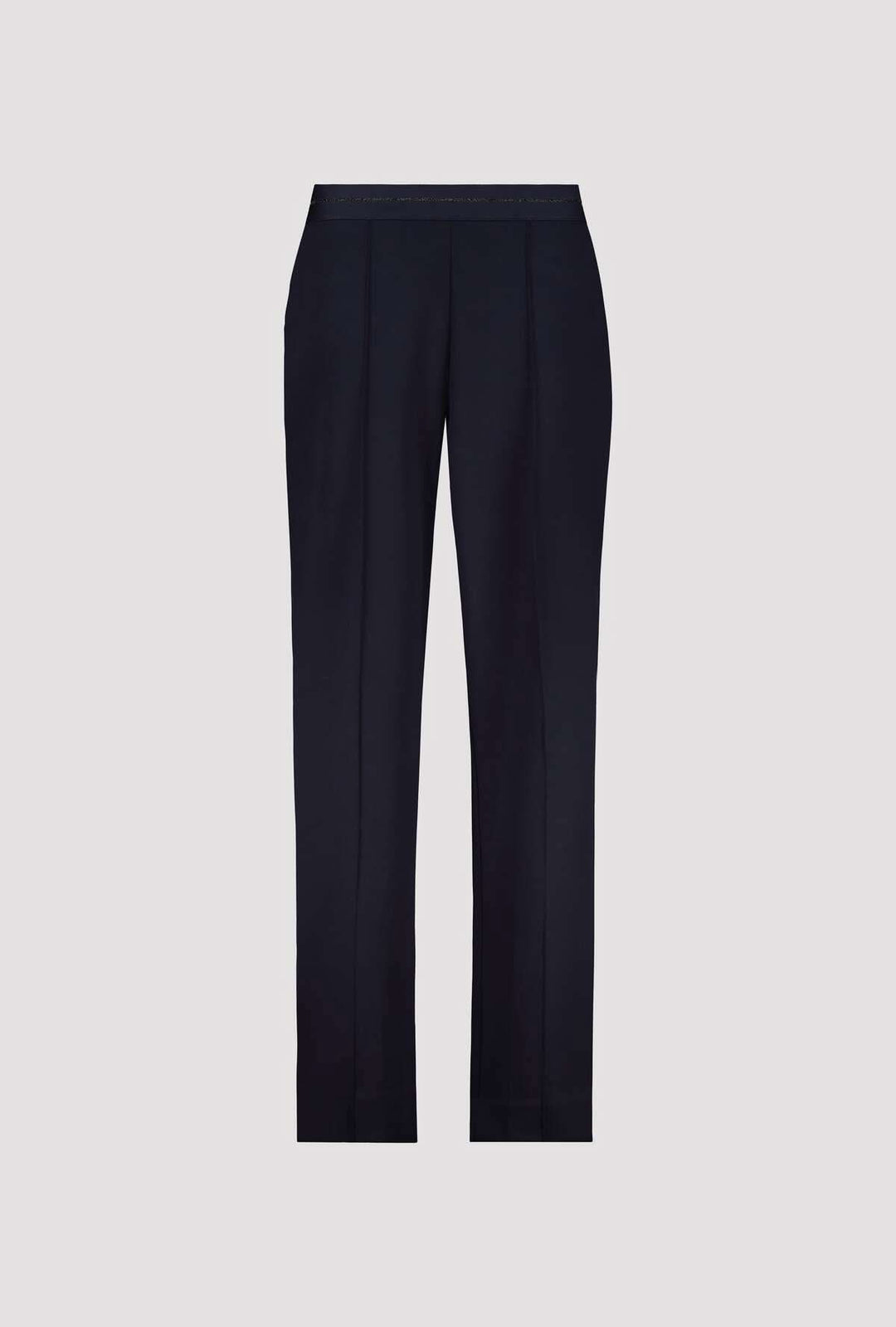 Pantalon habillé à plis droits en tissu sombre avec coupe structurée et élégante, idéal pour un look professionnel ou habillé.