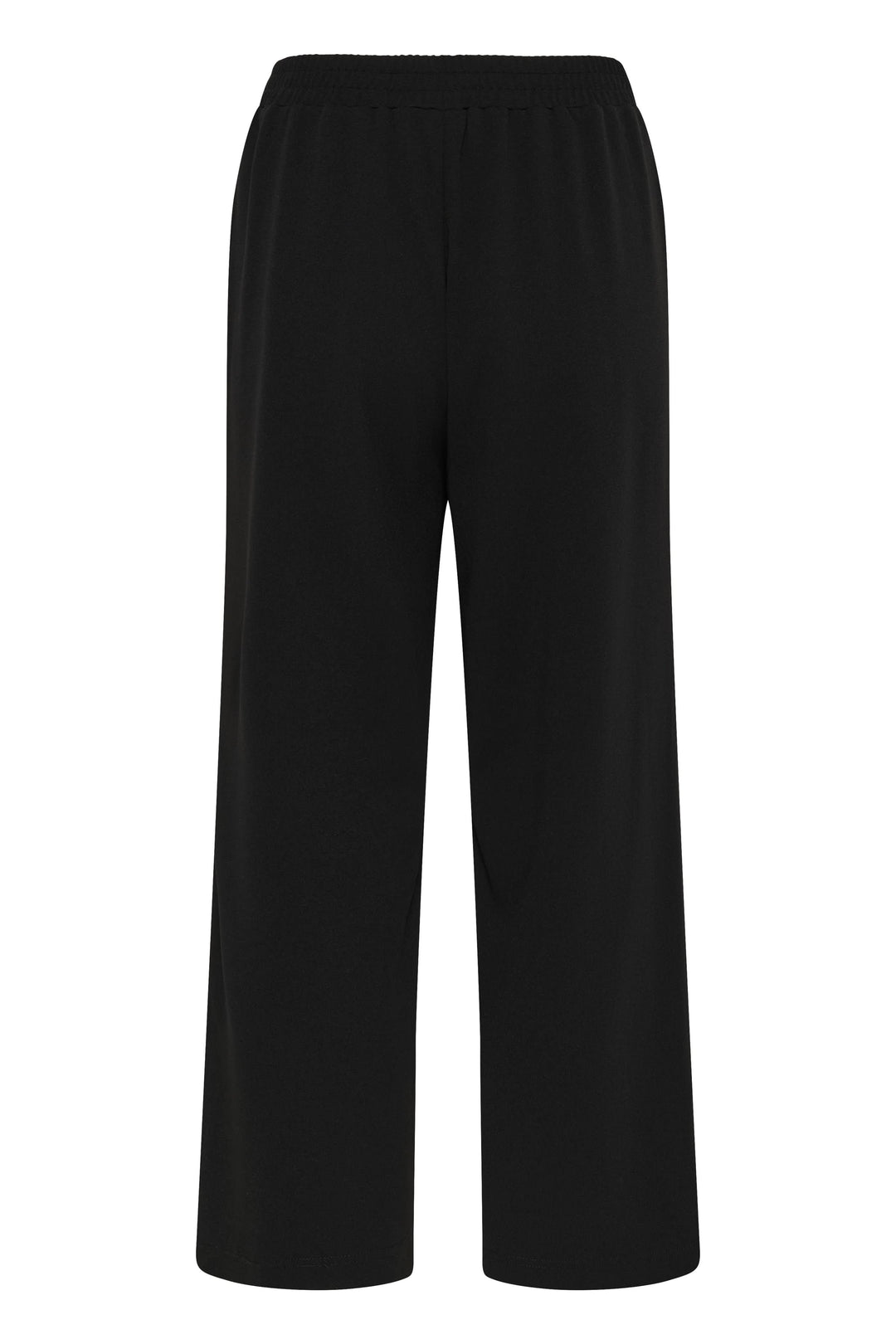 Pantalon jambe large Phoebe noir, élégant, confortable et polyvalent avec taille mi-haute et ceinture intégrée à nouer. Description en français.