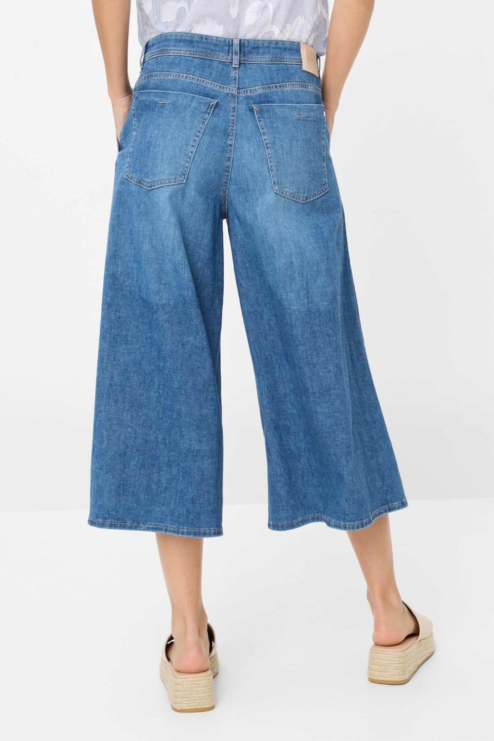Pantalon palazzo Melli S pour femme, denim bleu, coupe évasée, poches arrière, style décontracté