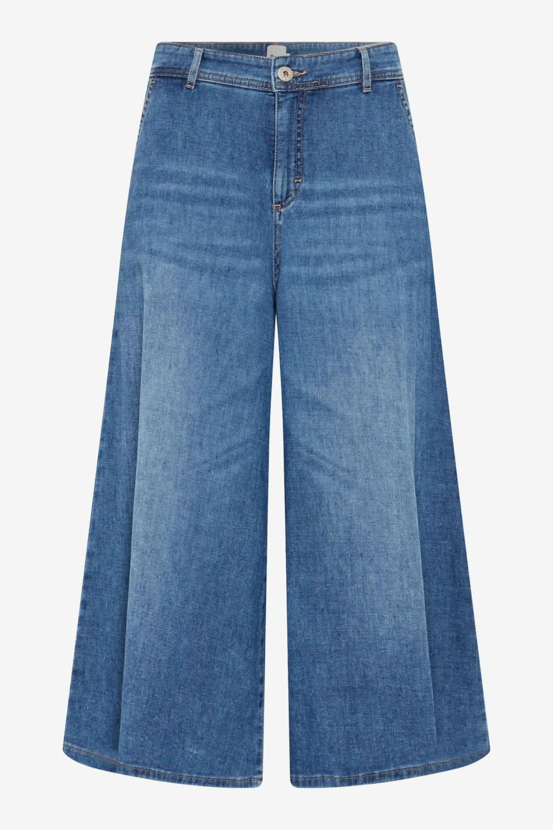 Pantalon palazzo Melli S en denim bleu, silhouette large et taille classique, idéal avec baskets ou sandales.